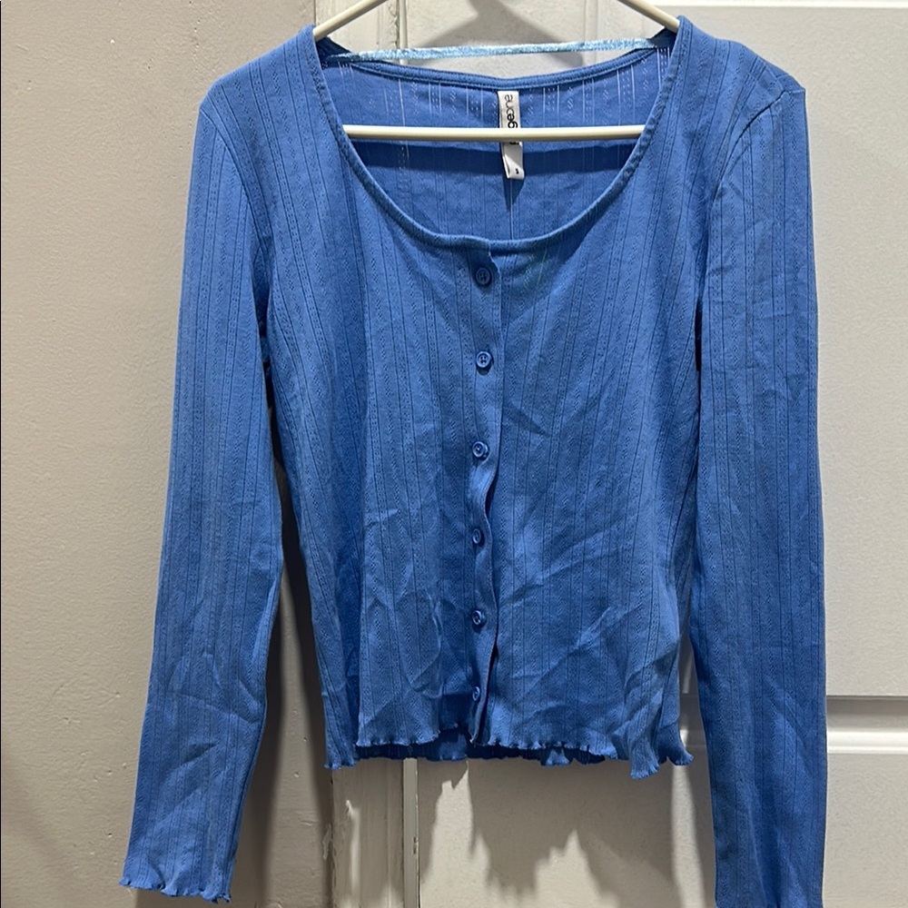 Blue Button-Up Ribbed Women's Top